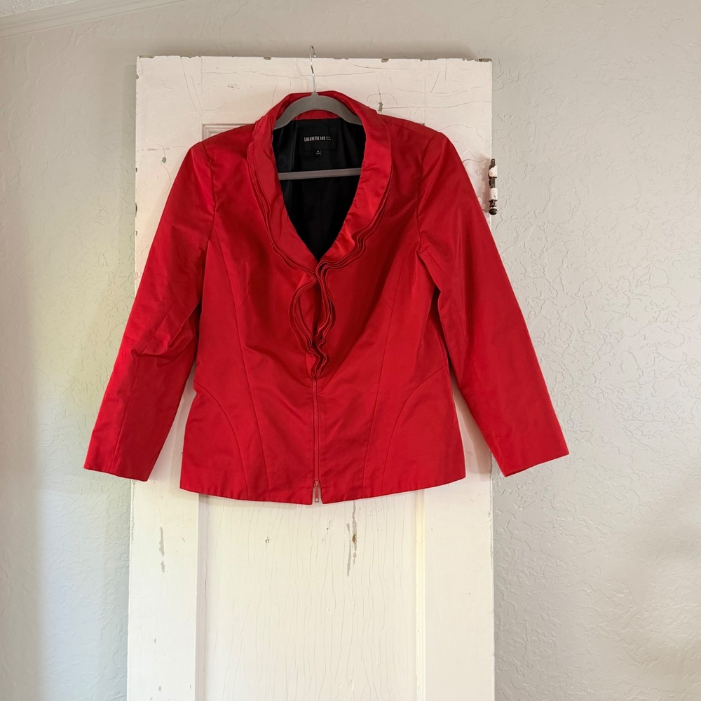 Lafayette 148 New York Red Ruffle Collar Zip Front Jacket Blazer Size 12